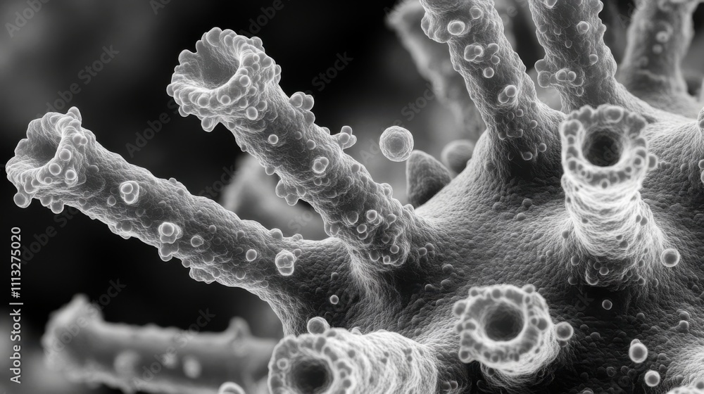 Poster close-up view of microscopic cells showcasing intricate structures and textures during a scientific 