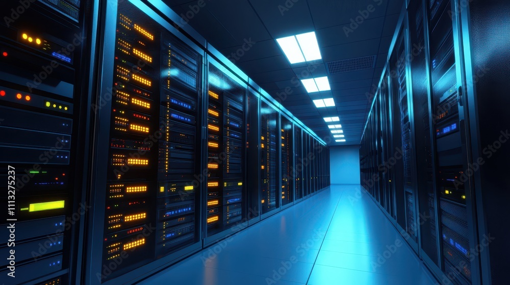 Poster navigating the digital labyrinth, comprehensive view of server room infrastructure and network conne