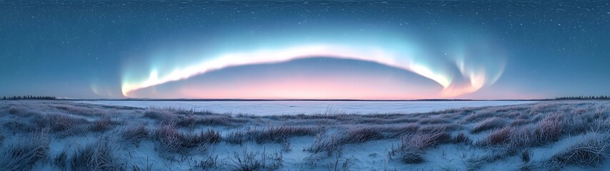 A breathtaking panoramic view of the Northern Lights illuminating a snowy landscape at dusk, with vibrant colors blending into the night sky.