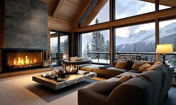 Cozy winter living room with a modern fireplace, nestled in a stylish chalet interior.