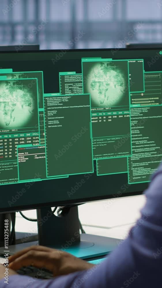Poster vertical video data center engineer assisting in rollout of comprehensive cybersecurity framework, r