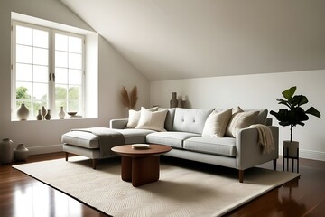 Light grey sectional sofa in a modern living room with a wooden coffee table, rug, and natural decor.