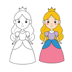 A delightful princess coloring page featuring a royal castle, a beautiful princess in a flowing gown, and magical details. Perfect for kids to explore their creativity!
