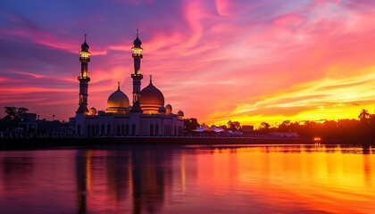 Obraz premium Beautiful mosque reflecting in sunset water. Suitable for travel brochures, cultural websites, Ramadan or Eid themed designs