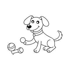 A playful dog surrounded by toys like balls, bones, and squeaky toys, happily wagging its tail in a fun outdoor setting. Perfect for kids to color and enjoy!