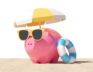 Piggy bank wearing yellow sunglasses under umbrella, with blue lifebuoy on sandy ground, isolated on a white background. Concept of summer savings. 3D Rendering.