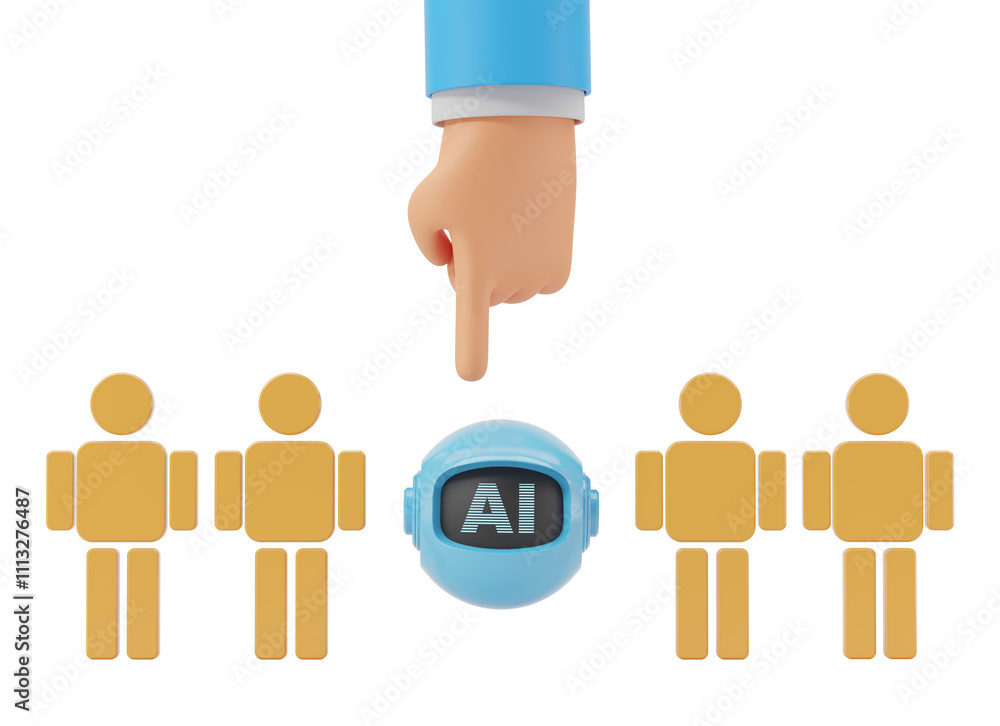 Poster robot head labeled ai surrounded by simplistic human icons, focused hand pointing at it, isolated wh