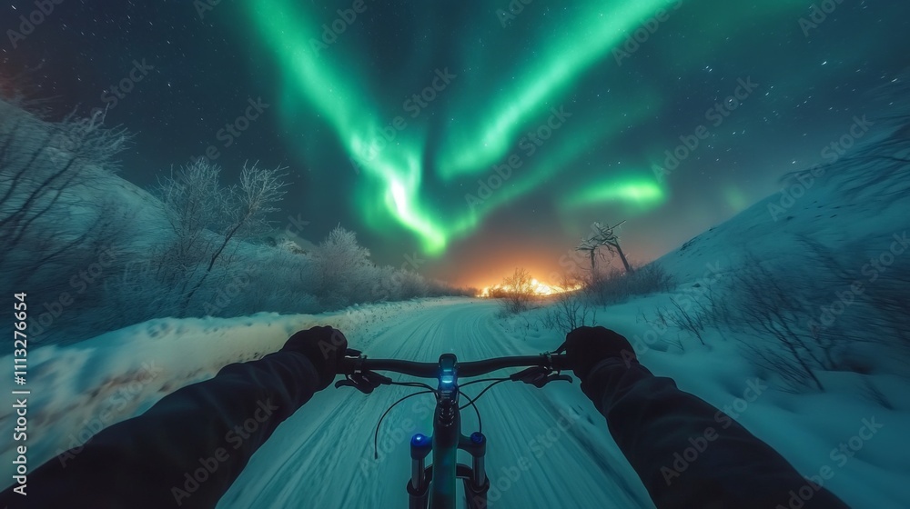 Poster a cyclist enjoys an exhilarating ride on a snow-covered path beneath a stunning display of northern 