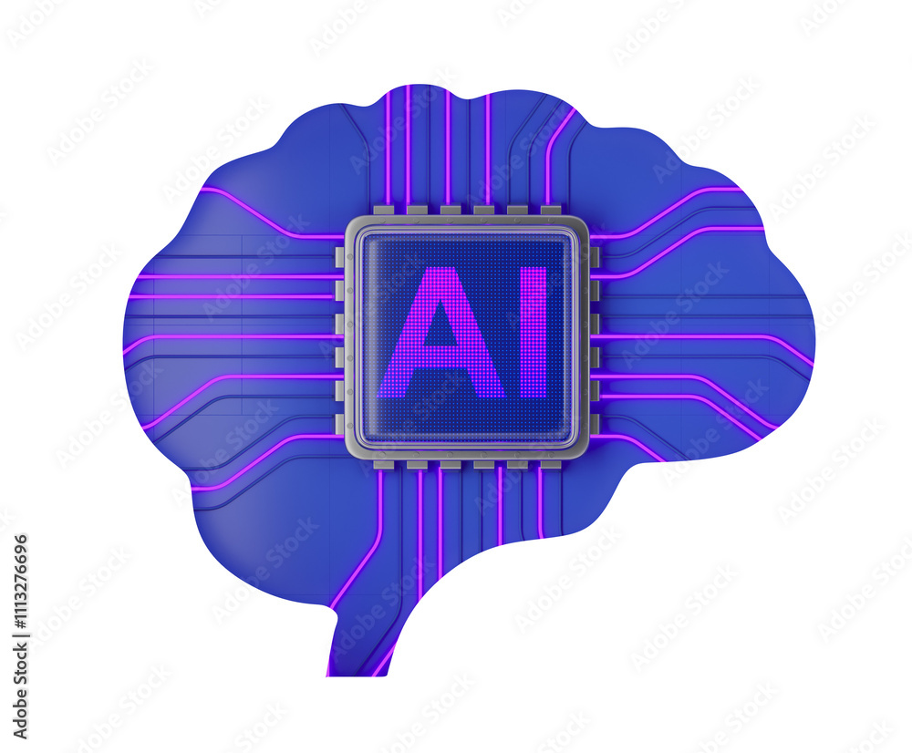 Poster blue brain-shaped circuit board with central ai chip, glowing pink wires, isolated on white backgrou