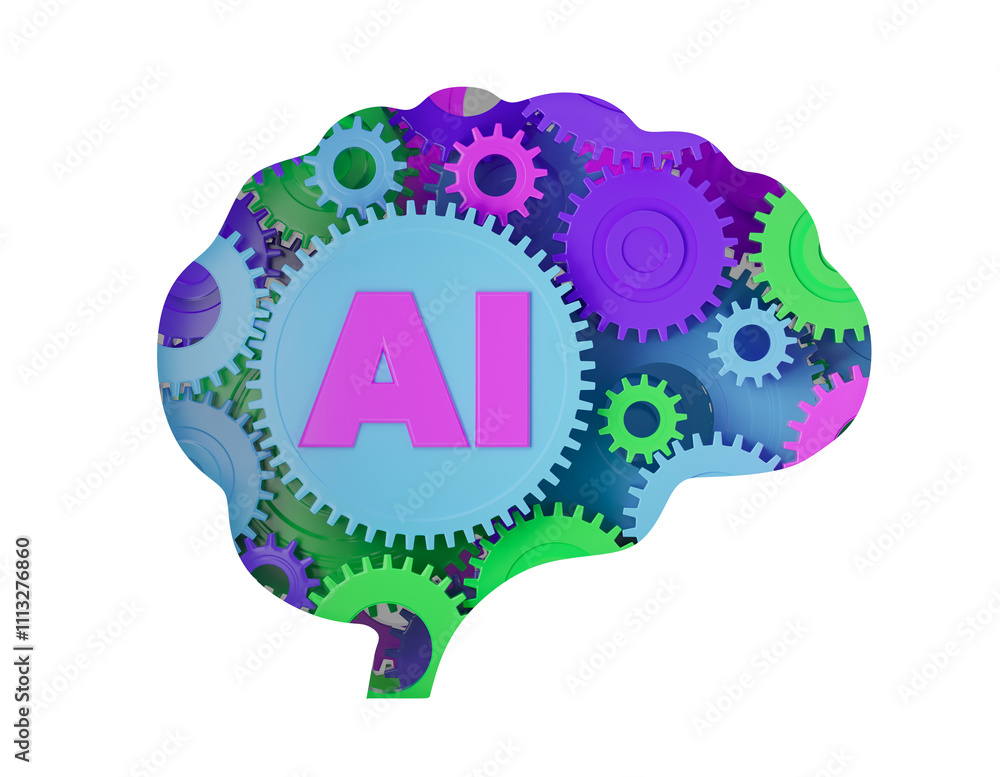 Poster brain-shaped design filled with colorful interlocking gears, featuring prominent ai text in the cent