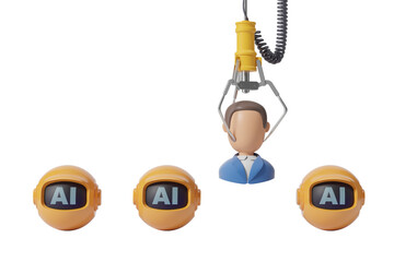 Robotic claw picking a human figure in a blue suit among three yellow AI robotic heads, isolated on a white background. Concept of AI vs human. 3D Rendering.