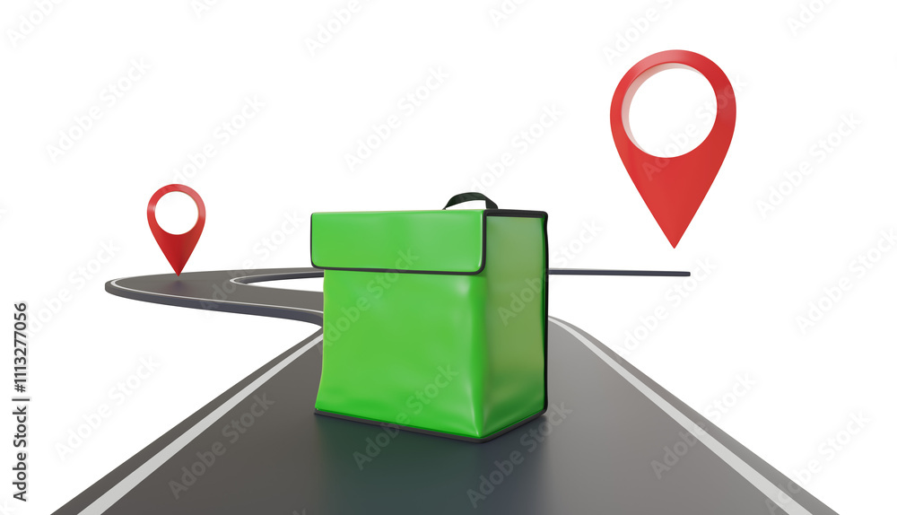 Poster green delivery backpack on a winding road with red map location markers, isolated on a white backgro