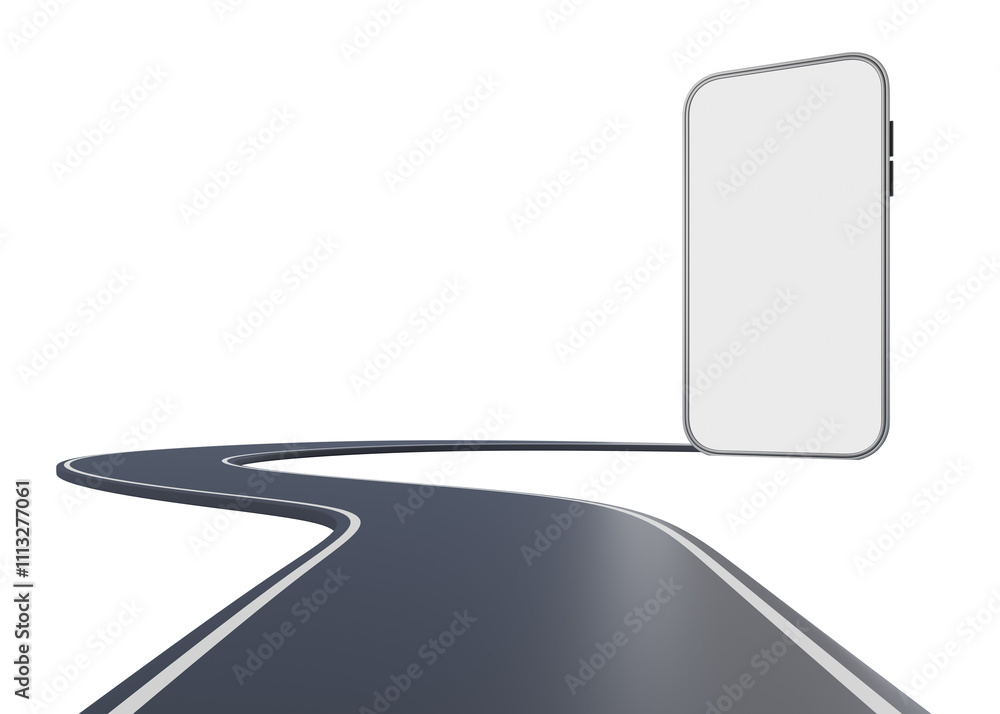 Poster a blank smartphone screen next to a curved road on a white background, representing modern navigatio