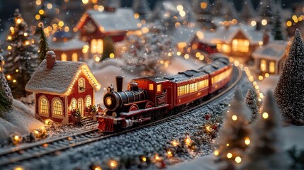 Photorealistic Christmas Village Scene with Train and Festive Lights