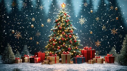 Christmas Tree with Presents Under Bright Lights and Star Decoration