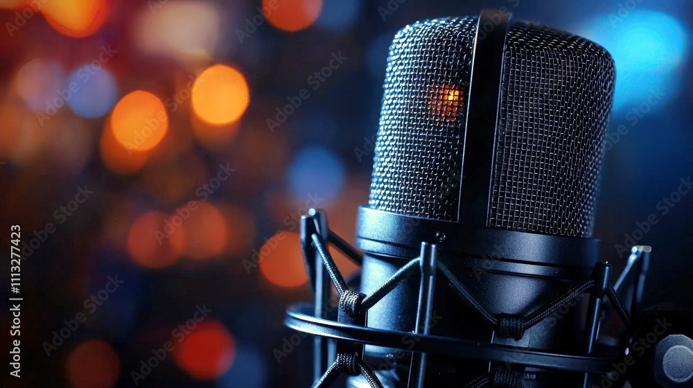 Poster close-up of professional microphone in studio with colorful bokeh