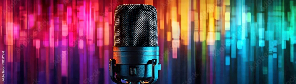 Poster vibrant colorful microphone on abstract background with sound waves