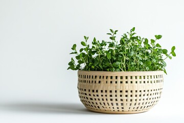 Naklejka premium Rattan basket filled with fresh green herbs placed on a plain white background