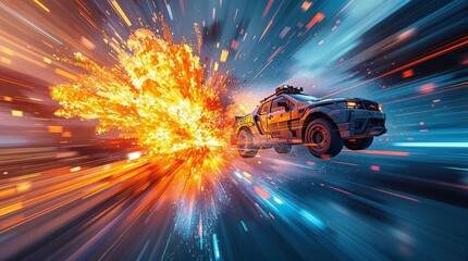 Futuristic truck escaping explosion with speed and light trails in vivid colors