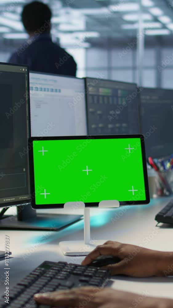 Poster vertical video data center programmer using mockup tablet, maintaining company network infrastructur