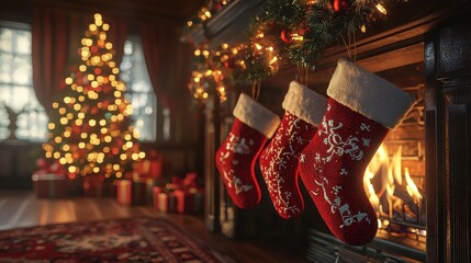 Cozy Christmas Scene with Stockings Hung by the Fireplace