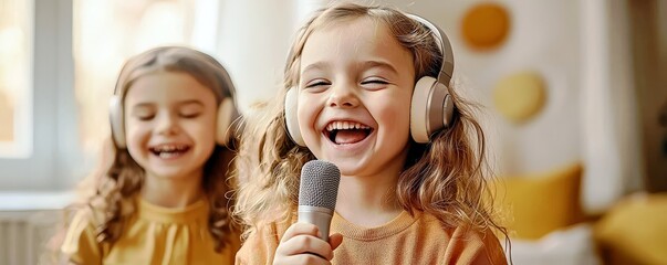 Happy Children Singing and Enjoying Music in Cozy Room Setting