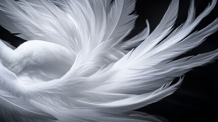 Fototapeta premium Realistic 3d detailed white swan feathers on a black background. Vector illustration. Falling feathers abstract light composition