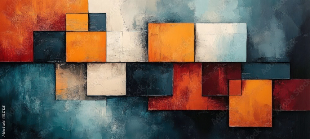 Poster abstract colorful texture painting with overlapping squares and rectangles in blue and orange