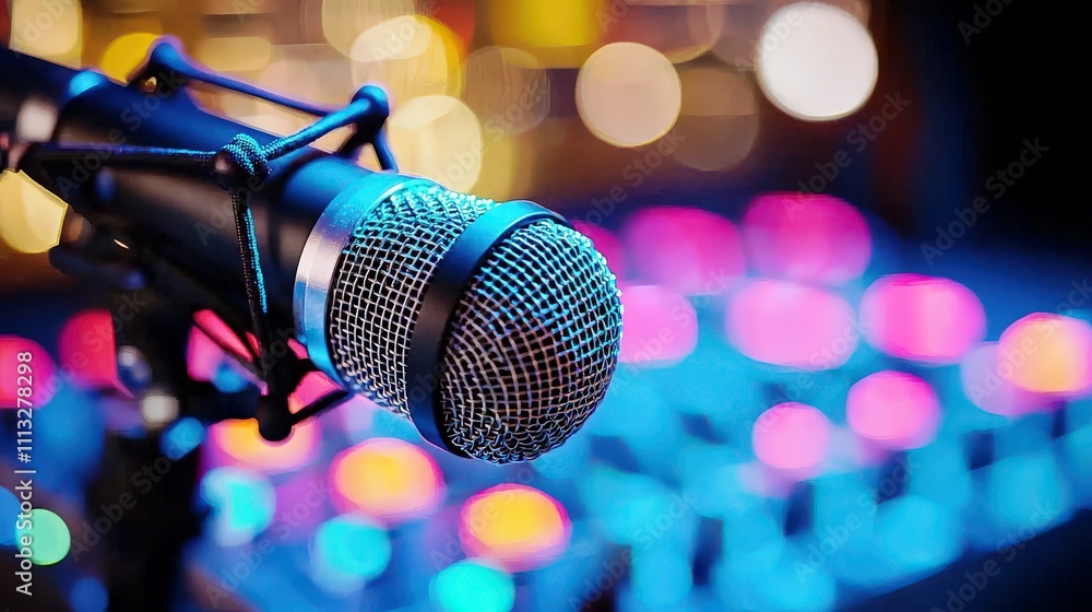 Poster close-up of microphone with colorful background bokeh lights