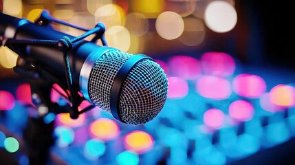Obraz premium Close-Up of Microphone with Colorful Background Bokeh Lights