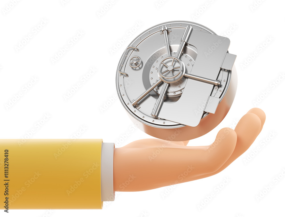 Poster a hand holding a metallic vault door, featuring intricate details of a secure locking mechanism, iso