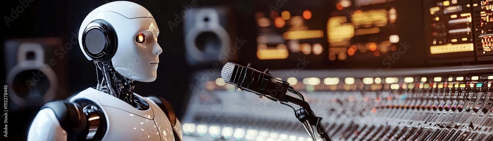 Poster futuristic robot at microphone in modern recording studio setting