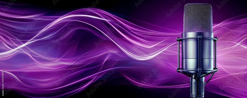 Poster microphone on purple background with dynamic sound waves flowing