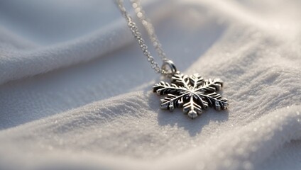 Fototapeta premium Delicate Silver Snowflake Necklace on White Scarf with Winter Backdrop