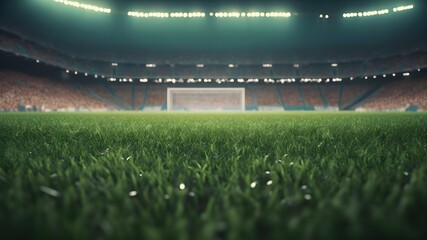Football Stadium Under Floodlights with Lush Green Grass and Packed Fans

