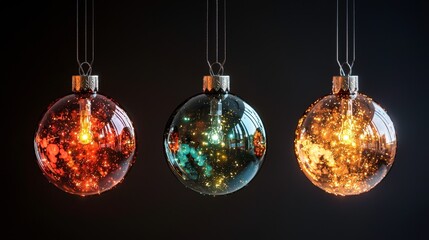 Glowing Christmas Ornaments in Dark Background with Photorealistic Detail