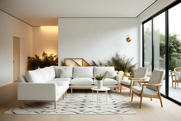 Fototapeta premium Modern living room with white sectional sofa, armchairs, and rug.