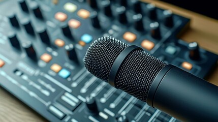 Studio Microphone with Sound Mixer in Background for Recording