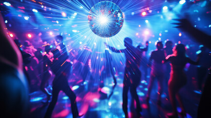 Fototapeta premium Colorful dance floor. Music stage. Disco ball show performance begin with lighting and audience. Concert illuminated by spotlights
