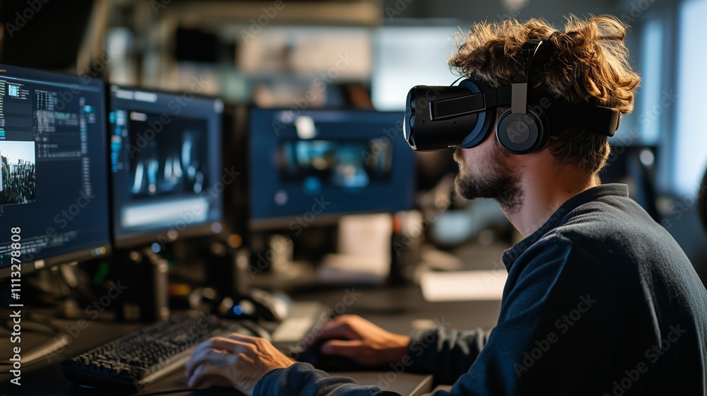 Poster engaging in virtual reality experience in a modern workspace with multiple screens
