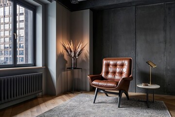 Fototapeta premium Stylish Modern Loft Showcasing Chic Leather Chair Against Dark Cement Wall