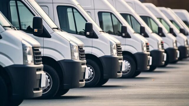 Fleet of white delivery vans organized in a row at outdoor location during daylight