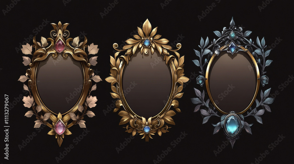 Poster empty rectangle frames in medieval style for game ui design. vector cartoon set of user interface el