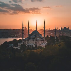 Fototapeta premium Beautiful mosque reflecting in sunset water. Suitable for travel brochures, cultural websites, Ramadan or Eid themed designs