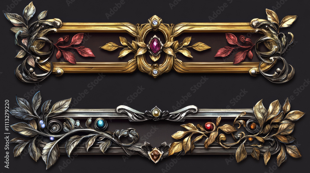 Poster empty rectangle frames in medieval style for game ui design. vector cartoon set of user interface el
