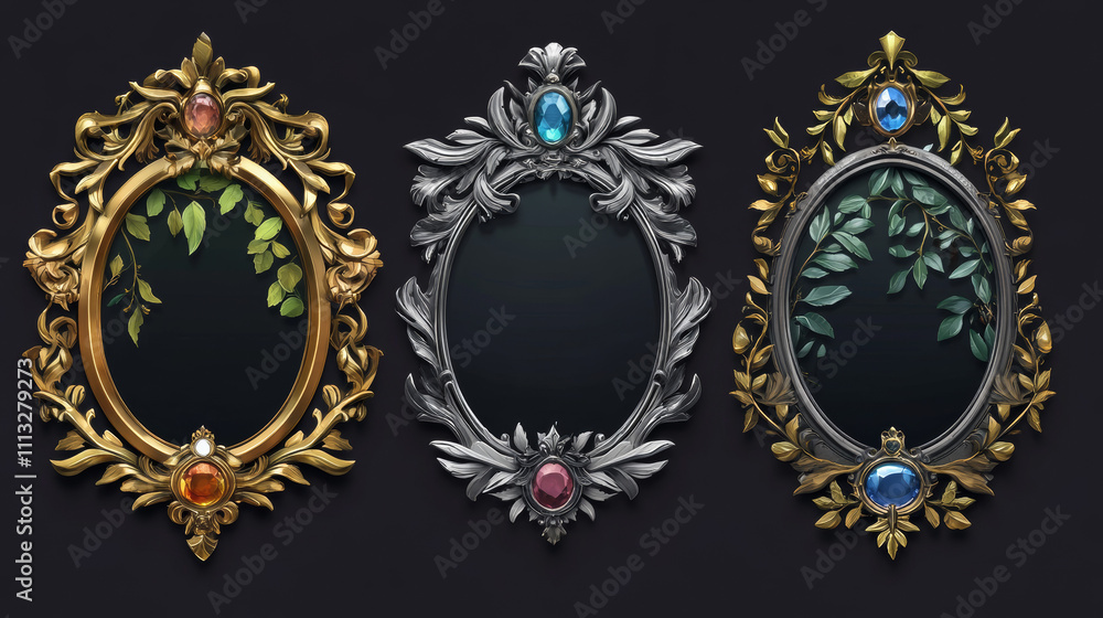 Poster empty rectangle frames in medieval style for game ui design. vector cartoon set of user interface el