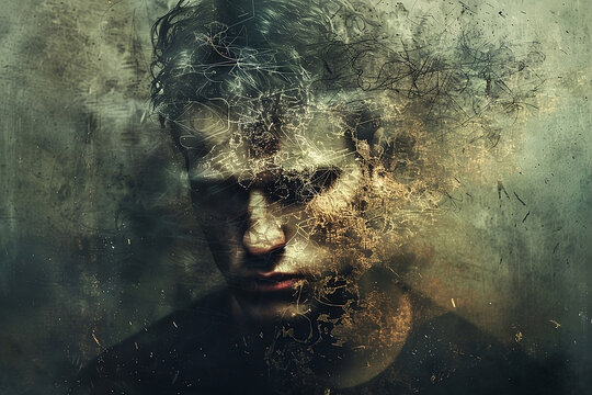 Schizophrenic man. Portrait of a young man with schizophrenia and mental disorders. Concept of schizophrenia with copy space.	