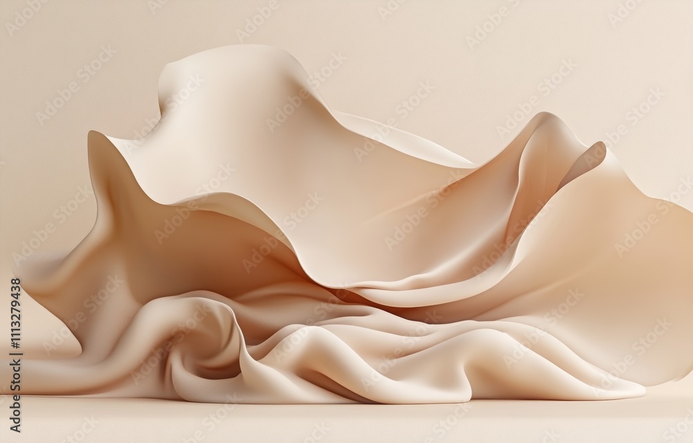 Aufkleber 3d display podium with beige background and floating silk curtain for cosmetic product presentation
