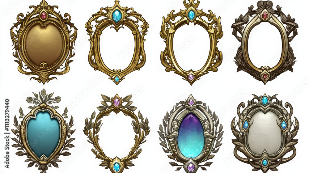 Poster empty rectangle frames in medieval style for game ui design. vector cartoon set of user interface el