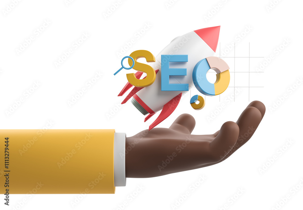 Aufkleber a hand presenting colorful seo graphics featuring a rocket, magnifier, and pie chart on a white back